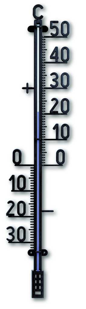 Schwarzes Thermometer zum Aufhängen mit Skala von -30 bis 50 und blauem Flüssigkeitsfaden