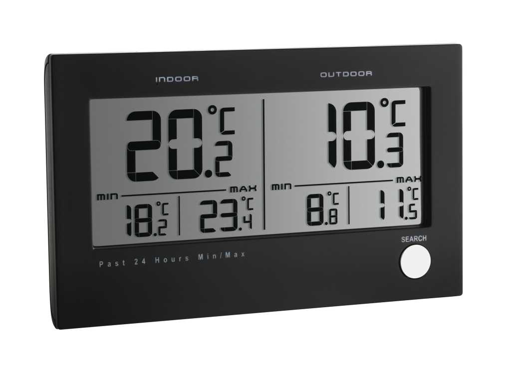 Schwarze Digitalanzeige mit Innen- und Außentemperatur in zwei Feldern sowie Min-/Max-Werten und Taste rechts unten