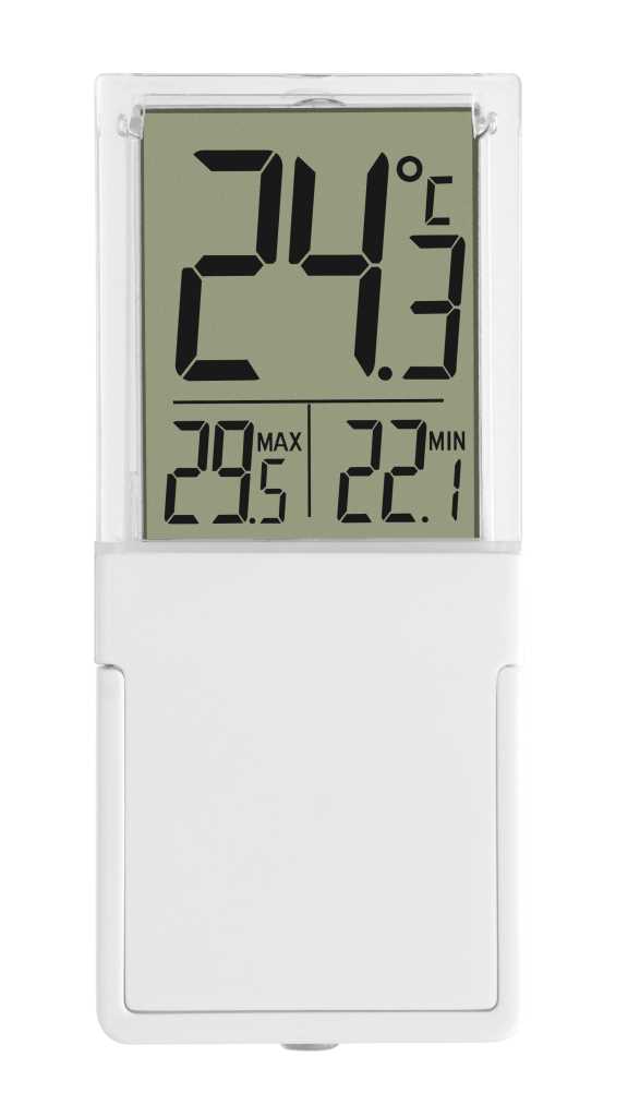 Weißes digitales Thermometer mit großem LCD-Display und Abdeckung, Frontansicht