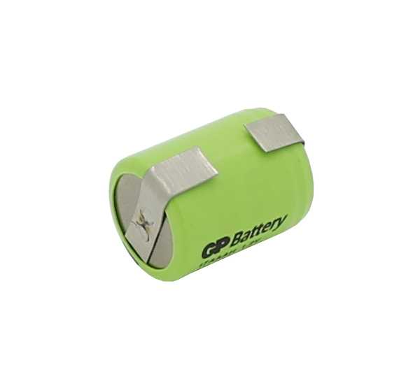 Grüner zylindrischer Akku mit zwei Metall-Lötfahnen in U-Form, seitlich aufgedrucktes Logo