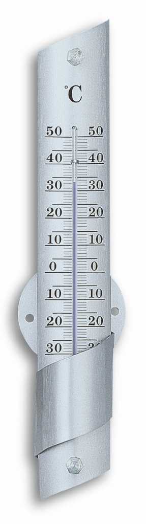 Silbernes Metallthermometer mit Celsius-Skala von -30 bis 50 und spiralförmigem Windschutz im unteren Bereich