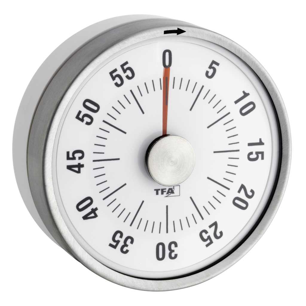 Runder mechanischer Timer mit silbernem Rand, weißem Zifferblatt, schwarzen Minutenmarken und rotem Zeiger auf 0