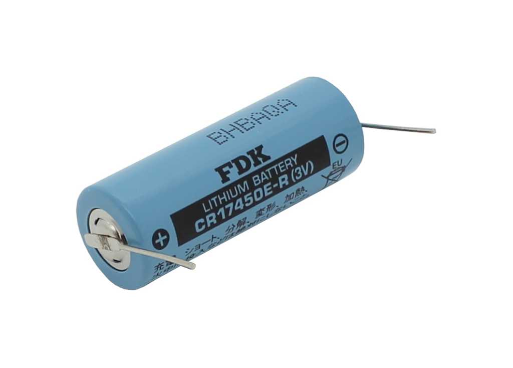 Blaue zylindrische Batterie mit zwei seitlichen Anschlussdrähten und Pluspol-Markierung am Gehäuse