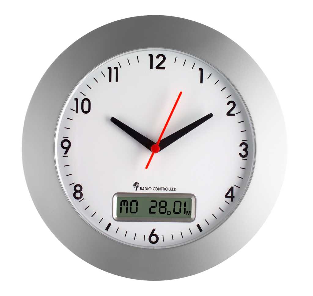 Runde Wanduhr mit silbernem Rahmen, schwarzem Stunden- und Minutenzeiger, rotem Sekundenzeiger und LCD-Anzeige unten