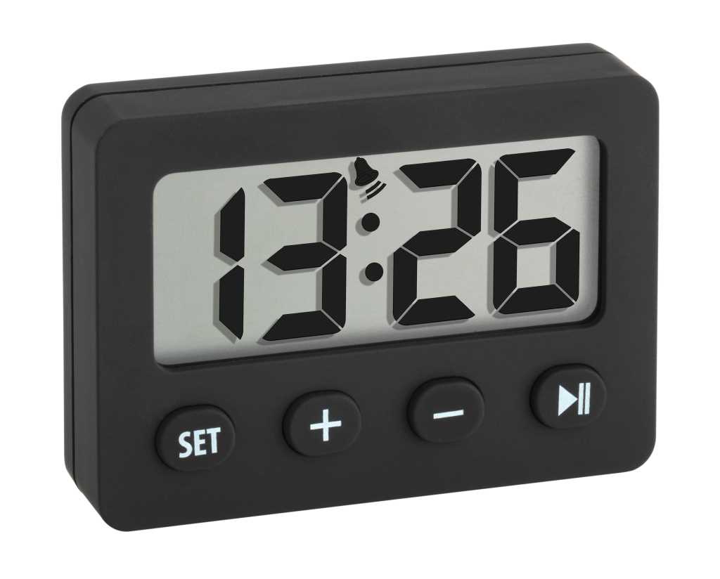 Schwarze digitale Uhr mit Display 13:26, Glockensymbol und vier Tasten unten (SET, Plus, Minus, Start/Pause)