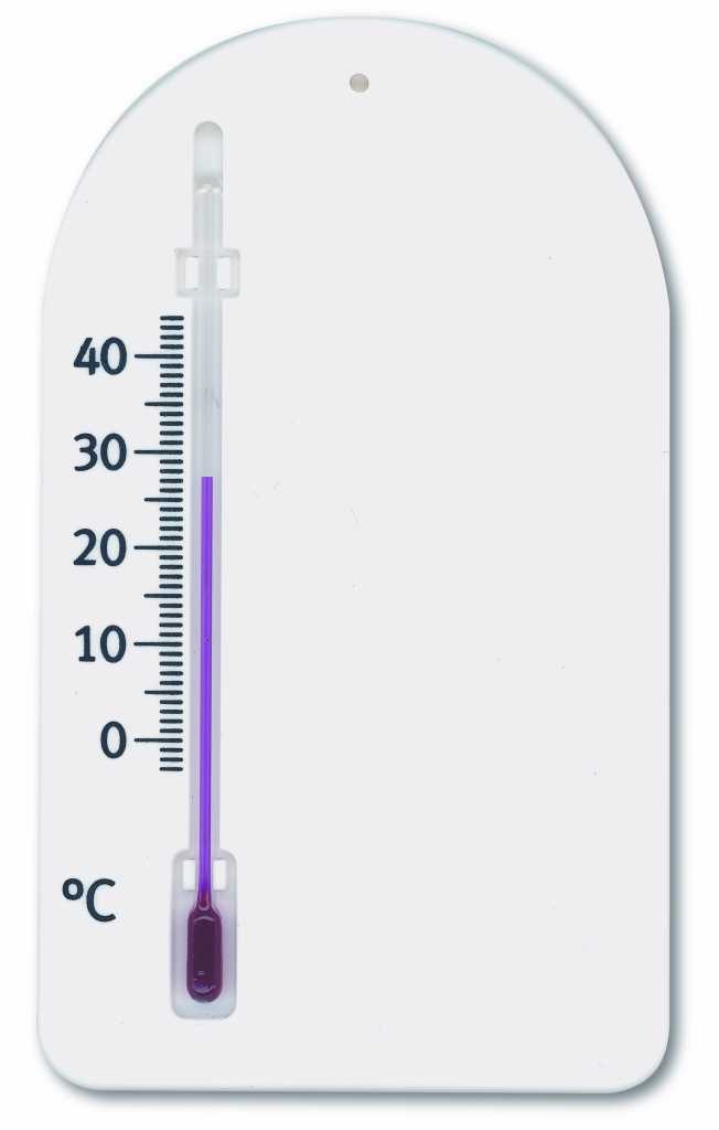 Weißes Wandthermometer mit Skala und violetter Flüssigkeitssäule sowie Aufhängeloch oben mittig