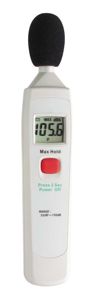 Weißes Handmessgerät mit schwarzem Schaumstoffaufsatz, Displayanzeige und roter Taste in Frontalansicht