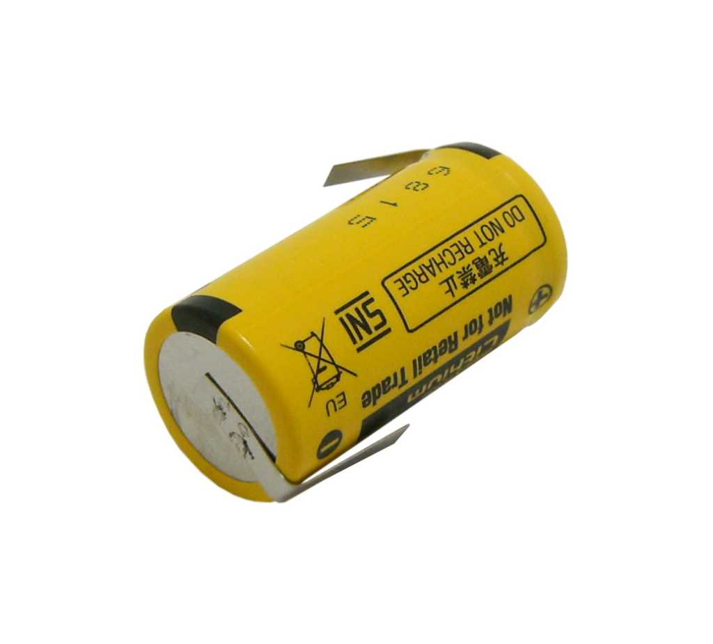 Gelbe zylindrische Batterie mit Metallkontakten und zwei seitlichen Lötfahnen auf weißem Hintergrund