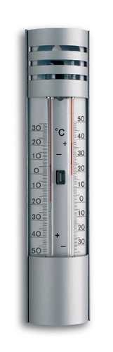 Silbernes Thermometer mit Skala, Drucktaste und Schutzblende, frontal auf weißem Hintergrund