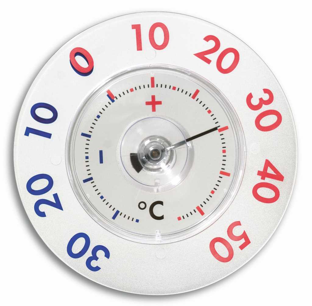 Rundes Thermometer mit Saugnapf, Skala in Blau und Rot von minus 30 bis 50 °C, Zeiger bei etwa 32 °C