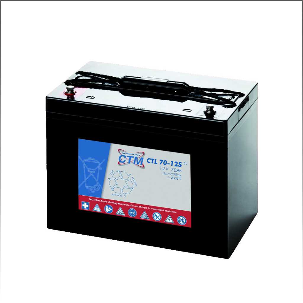 Schwarzer Batterieblock mit Tragegriff oben, zwei Schraubpolen und blauem Etikett mit Warnsymbolen vorne