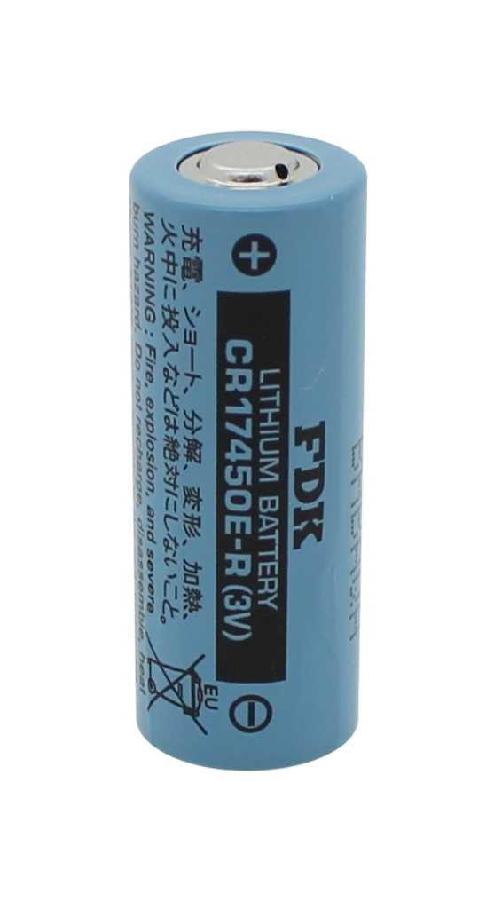 Blaue zylindrische Batterie mit Metallpol oben und schwarzem Aufdruck auf der Vorderseite