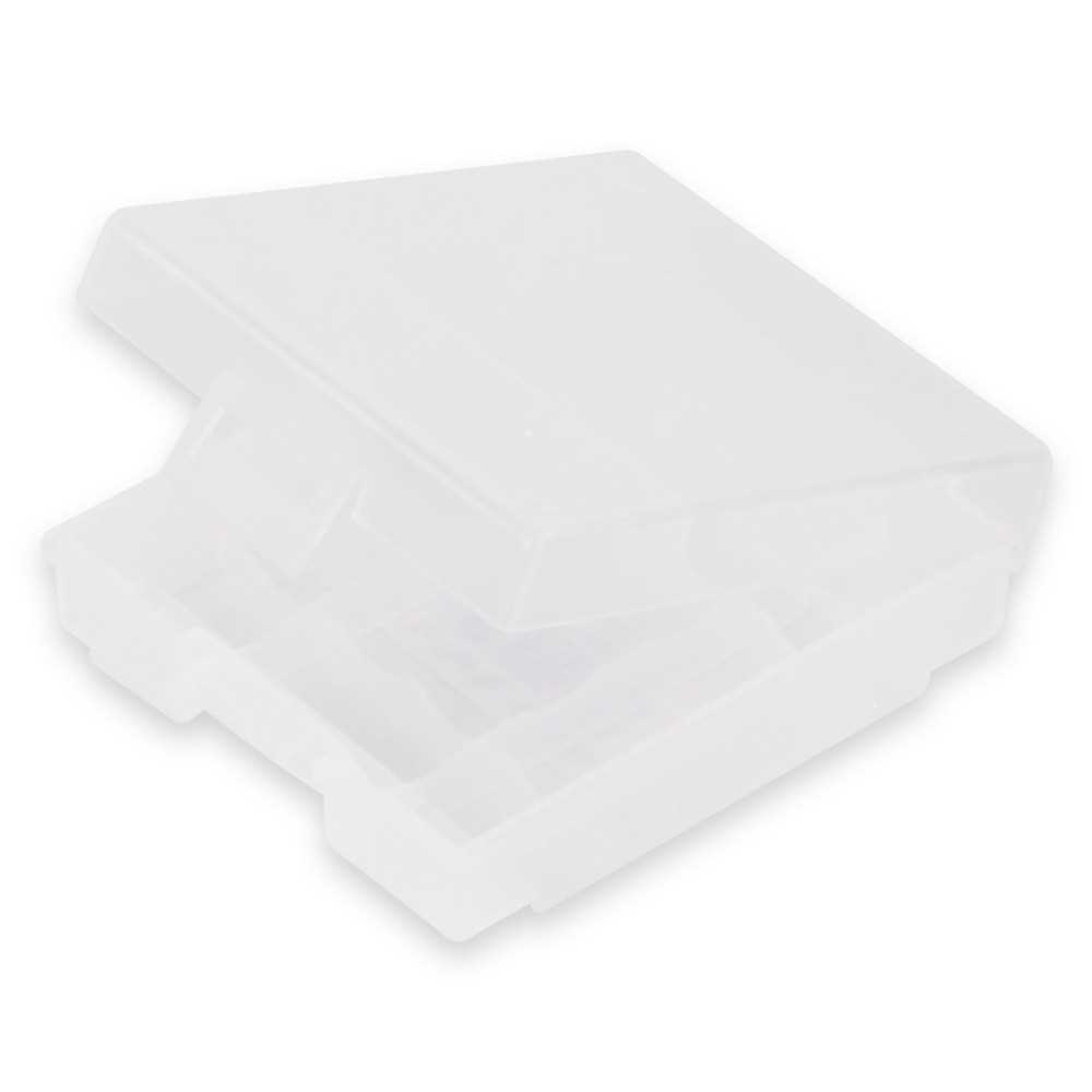 Transparente Kunststoffbox mit Klappdeckel, geöffnet, mit vier länglichen Fächern für Batterien