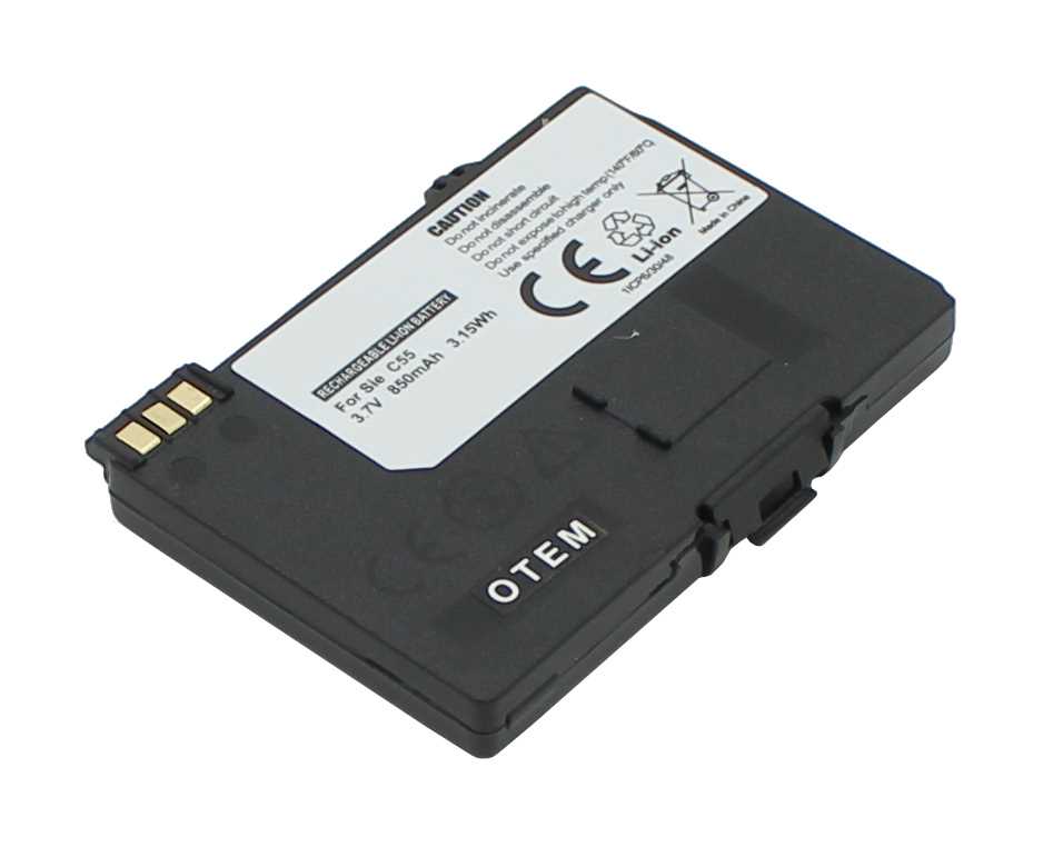 Schwarzer Handy-Akku mit Etikett und drei goldenen Kontakten, schräg von oben auf weißem Hintergrund