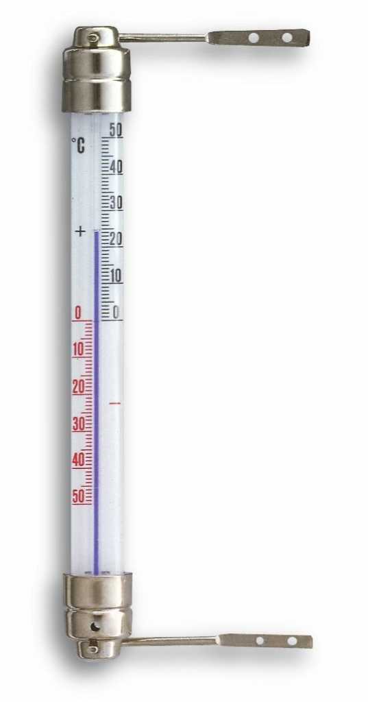Glasthermometer mit Metallhalter und zwei Befestigungsarmen, Temperaturskala in Rot und Schwarz von -50 bis 50 °C