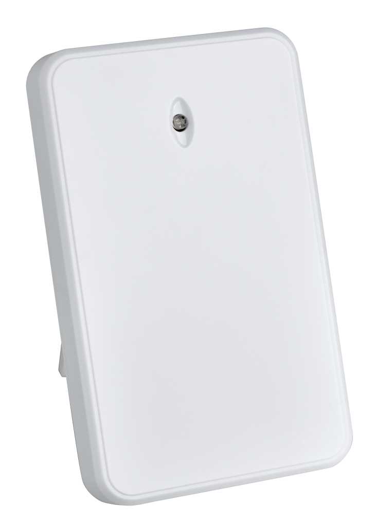 Weiße rechteckige Kunststoffbox mit abgerundeten Ecken, kleiner Schraube mittig oben und Standfuß seitlich sichtbar