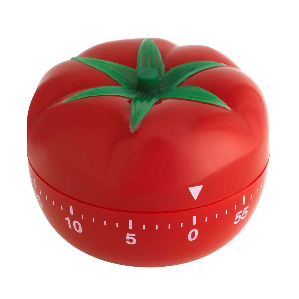 Roter Timer in Tomatenform mit grünem Stiel und weißer Minutenskala rundum
