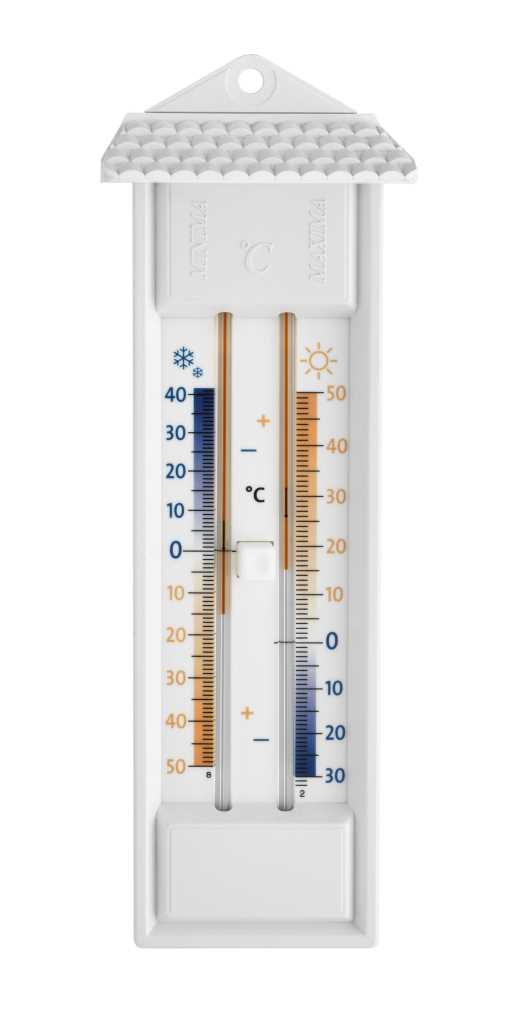 Weißes Wandthermometer mit zwei Röhren, Hausdachform mit Aufhängeöse und blau-oranger Skala