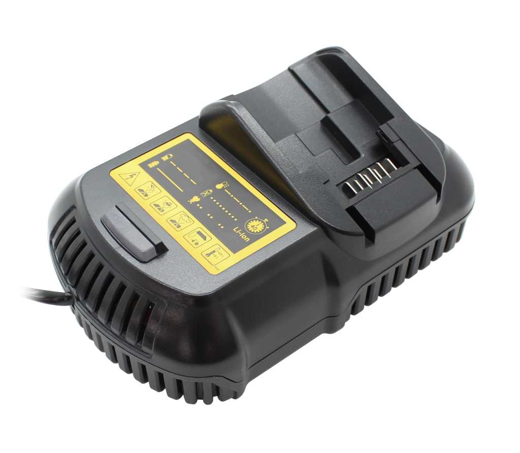 Schwarzes Akkuladegerät mit gelbem Bedienfeld, seitlichen Lüftungsschlitzen und Steckschacht mit Metallkontakten