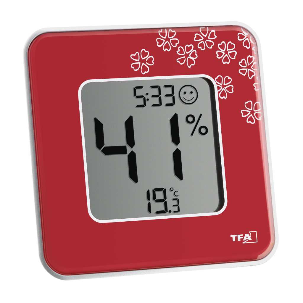 Rotes digitales Thermo-Hygrometer mit Blumendekor, Display zeigt 5:33, 41% und 19,3 °C sowie Smiley-Symbol