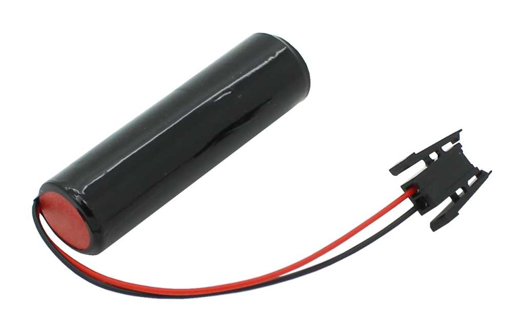 Schwarze zylindrische Batterie mit roten und schwarzen Kabeln zu einem schwarzen Steckverbinder auf weißem Hintergrund