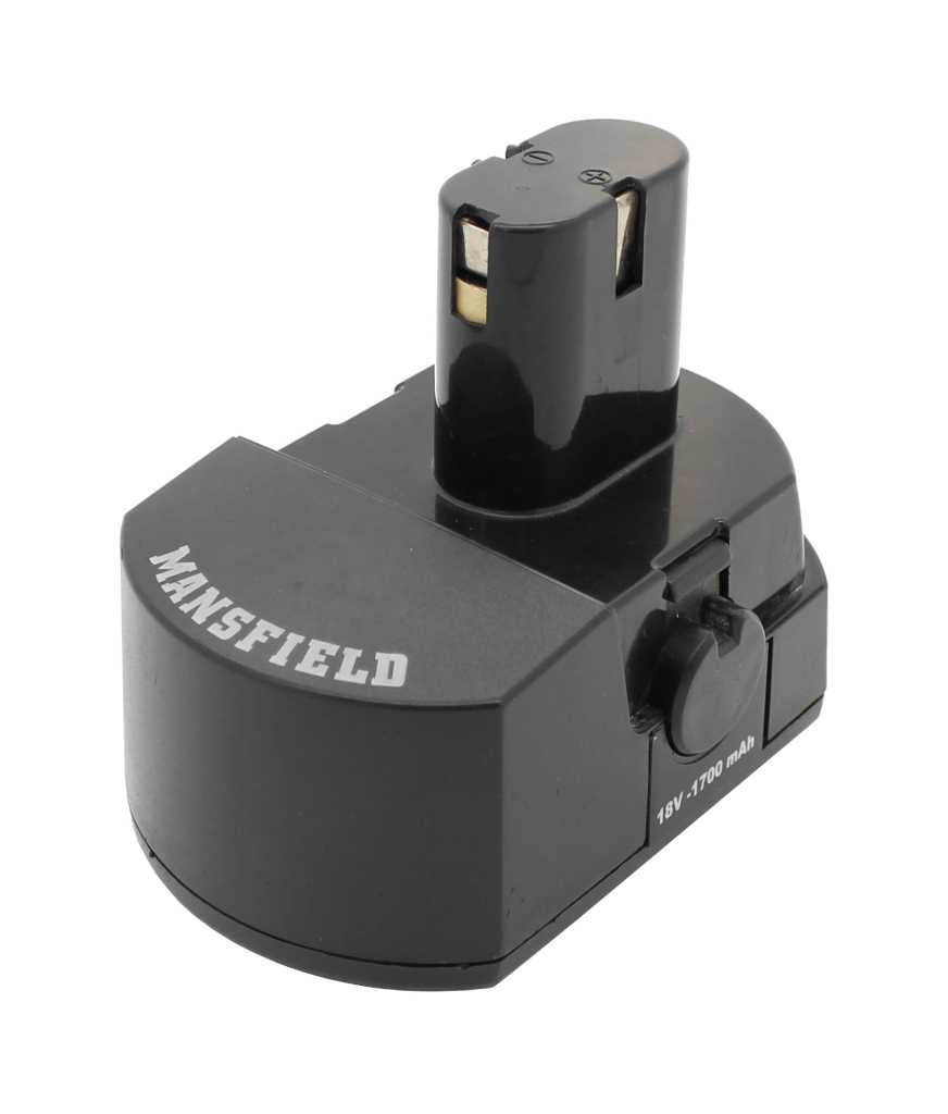 Schwarzer Werkzeugakku mit erhöhtem Steckanschluss und seitlichem Entriegelungsknopf auf weißem Hintergrund