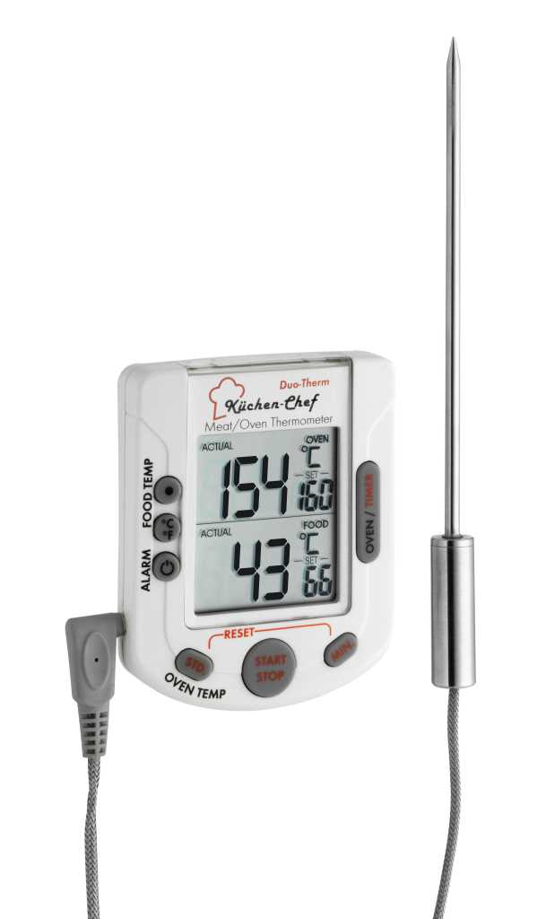 Weißes Digitalthermometer mit Display, seitlichen Tasten und Kabel, rechts Edelstahl-Einstichfühler mit Spitze