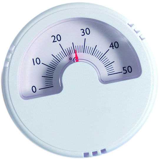 Rundes weißes Thermometer mit halbkreisförmiger Skala von 0 bis 50 und rotem Zeiger bei etwa 28