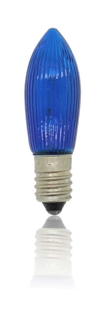 Blaue geriffelte Kerzenlampe in Tropfenform mit Schraubsockel, freigestellt auf weißem Hintergrund