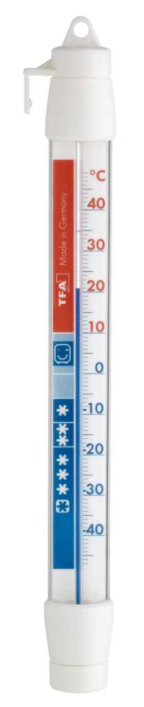 Stabthermometer in transparentem Gehäuse mit weißer Kappe, Farbskala rot und blau, Gradskala von -40 bis 40 °C