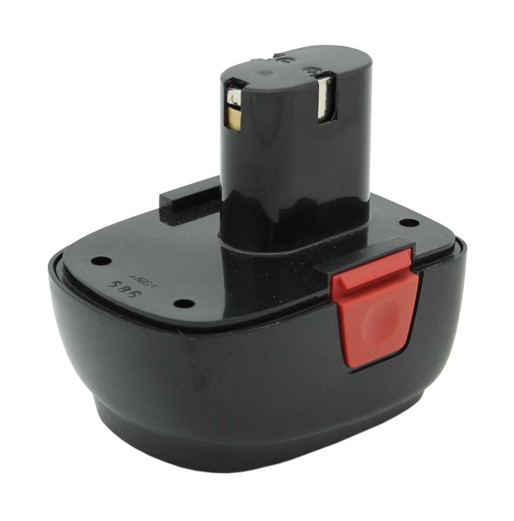 Schwarzer Werkzeugakku mit rotem Entriegelungsknopf und zylindrischem Aufsatz, freigestellt auf weißem Hintergrund