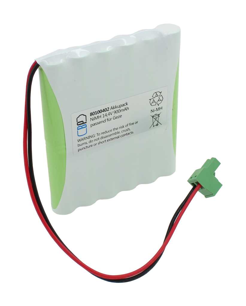 Weiß-grüner Akkupack mit rot-schwarzem Kabel und grünem Stecker auf weißem Hintergrund