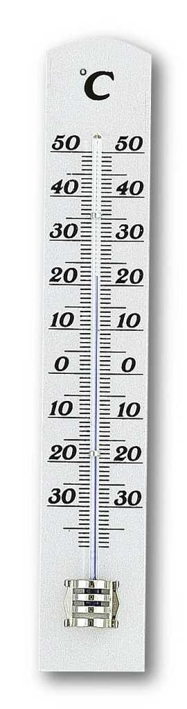 Schmales Thermometer auf heller Holzleiste mit Celsius-Skala von 50 bis -30 und blauer Flüssigkeitssäule
