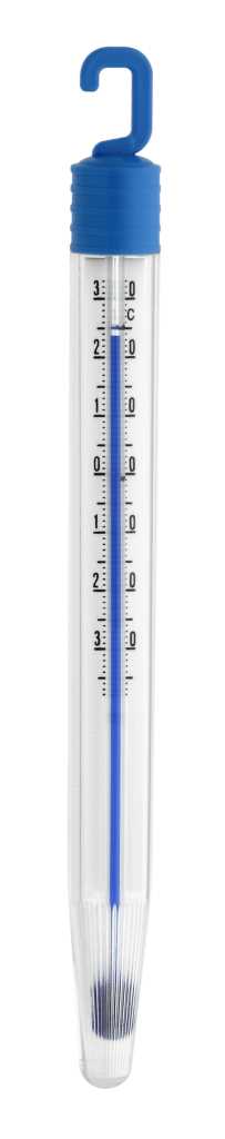 Transparentes Röhrenthermometer mit blauem Haken und Skala, innen blauer Stab mit Beschwerung unten
