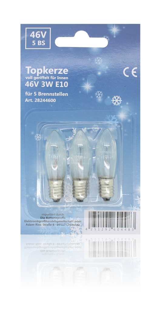 Blisterverpackung mit drei geriffelten, klaren Kerzenlampen mit E10-Schraubsockel auf blauem Hintergrund mit Schneeflocken