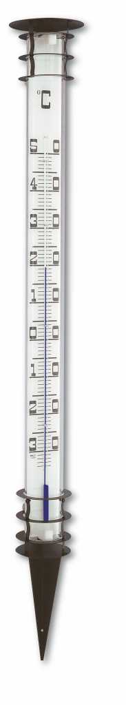 Langes Gartenthermometer in transparentem Rohr mit schwarzer Halterung und Erdspieß, Skala von -30 bis 50 °C