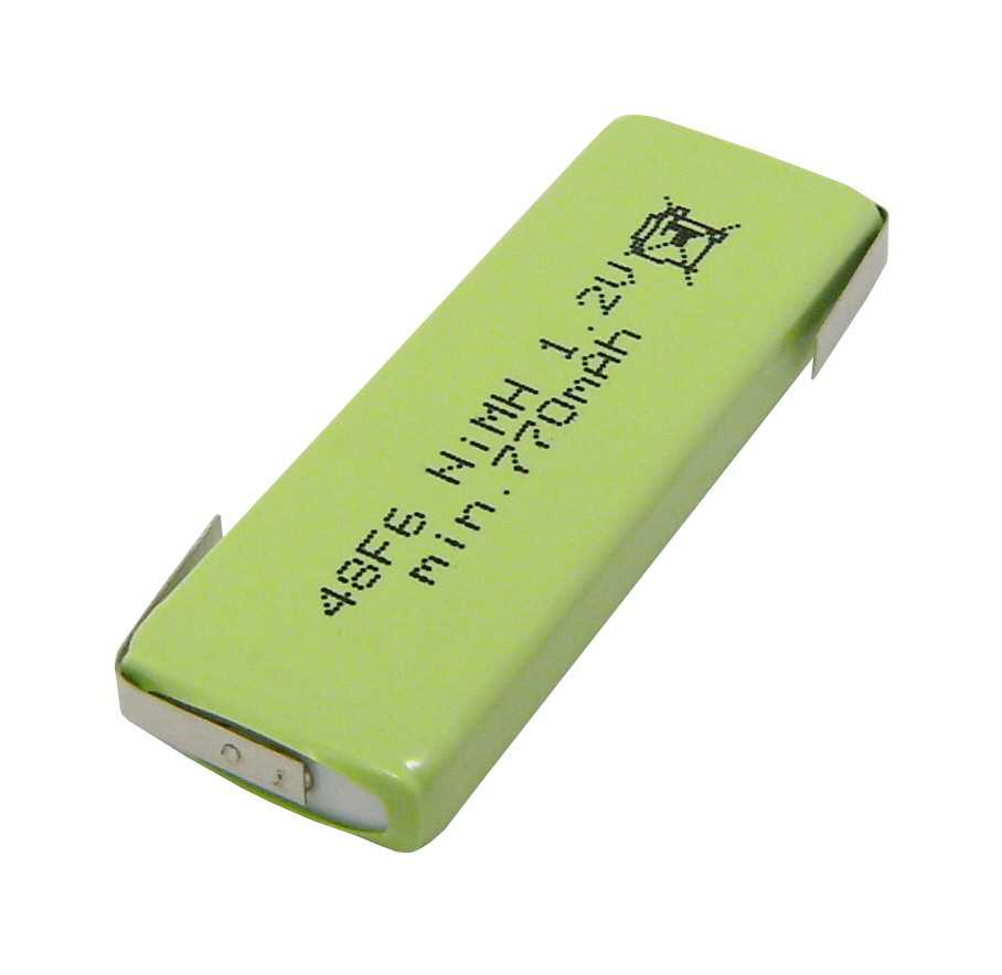 Grüner, rechteckiger Akkupack mit zwei seitlichen Metall-Lötfahnen in Z-Form auf weißem Hintergrund