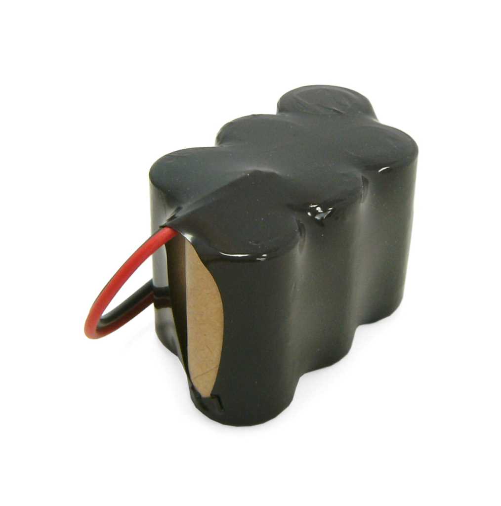 Schwarzer Akku-Pack mit Schrumpfschlauch, rotem und schwarzem Kabel und sichtbarer Zellkante an der Seite