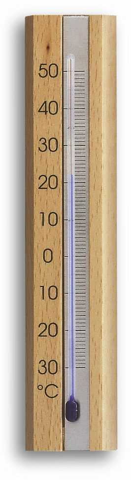 Holzthermometer mit senkrechter Aluminiumschiene und Skala von 50 bis -30 °C, blaue Flüssigkeitssäule sichtbar