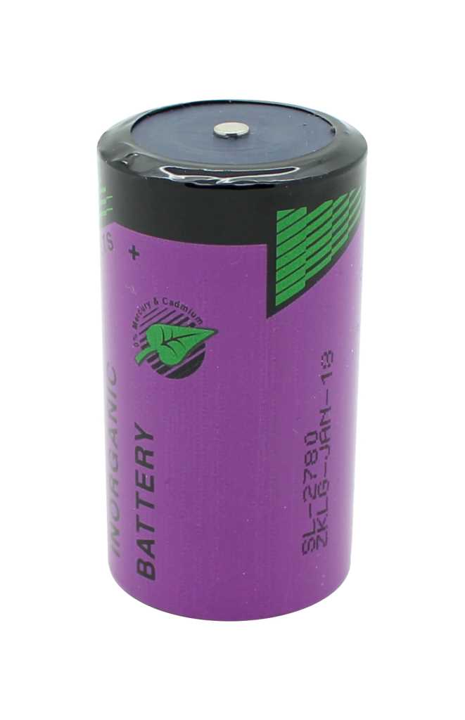 Zylindrische Batterie in Lila und Schwarz mit grünem Symbol, Ansicht von oben mit sichtbarem Pluspol