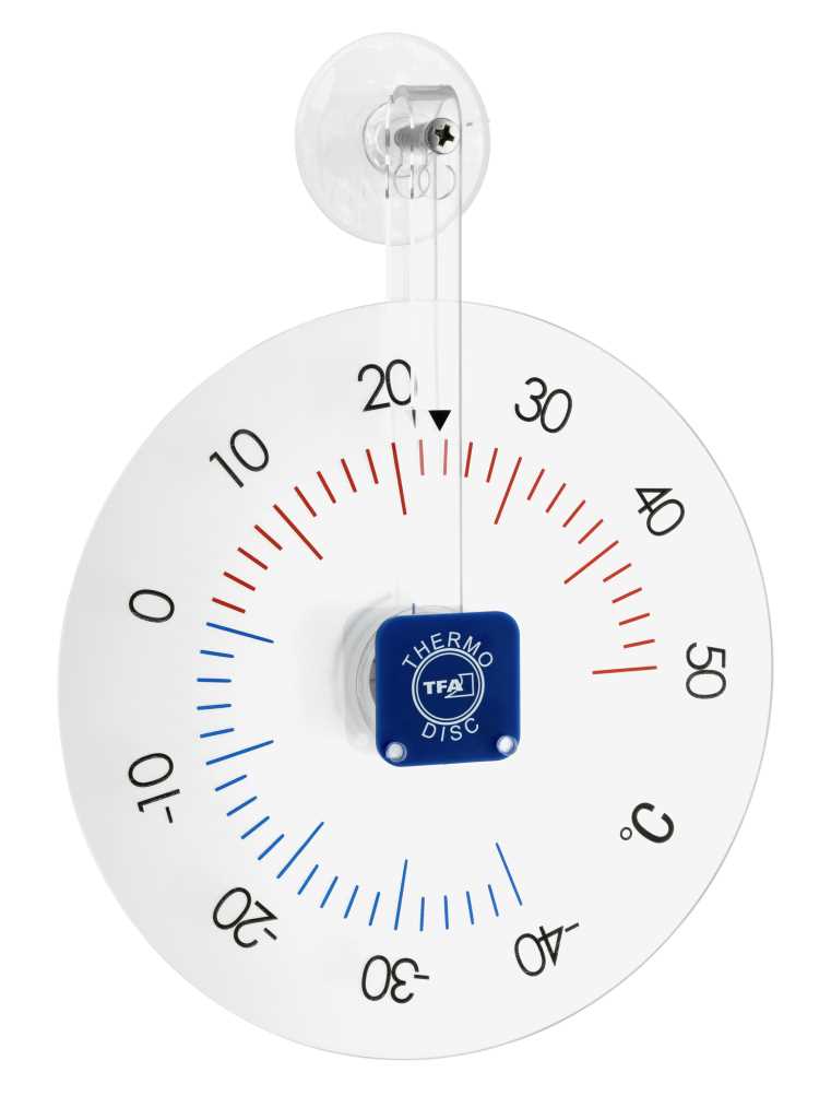Rundes Fensterthermometer mit Saugnapfhalterung, Skala von -40 bis 50 °C und blauem Mittelfeld