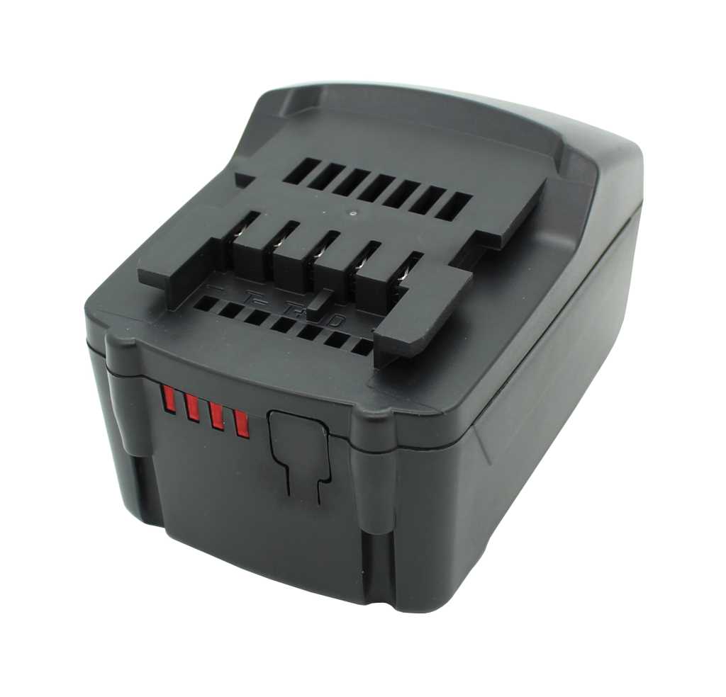 Schwarzer Werkzeugakku mit Steckkontakten oben und roten Anzeigeelementen an der Seite vor weißem Hintergrund