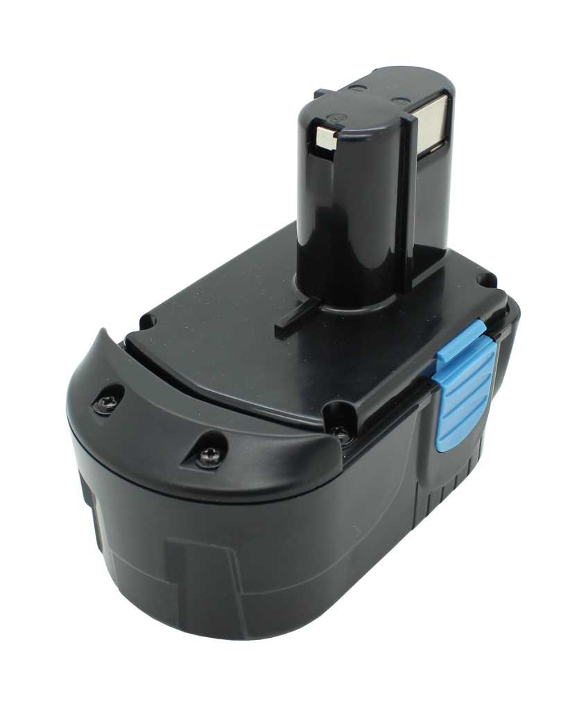 Schwarzer Akkupack mit zylindrischem Anschluss und blauem Entriegelungsknopf, freigestellt auf weißem Hintergrund