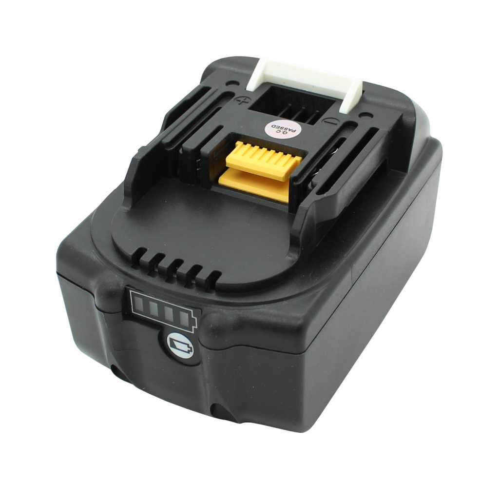 Schwarzer Akku für Elektrowerkzeug mit gelbem Steckkontakt, weißer Entriegelung und Ladeanzeige an der Seite