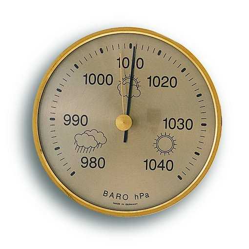Rundes Barometer mit goldfarbenem Rand, Skala 980–1040, zwei Zeigern und Wettersymbolen Wolke und Sonne