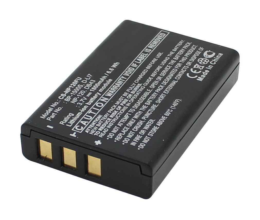 Schwarzer Kameraakku mit drei goldfarbenen Kontakten, seitlich liegend auf weißem Hintergrund